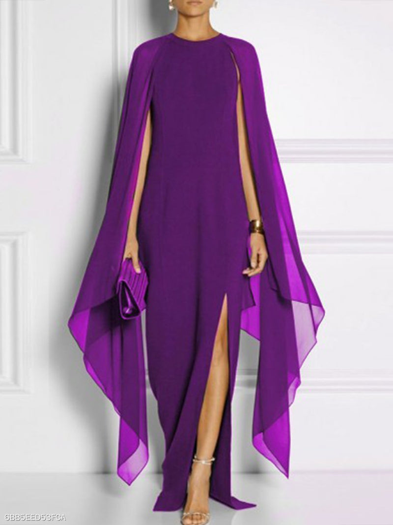 Cape Sleeve High Slit Plain Chiffon Maxi Dress