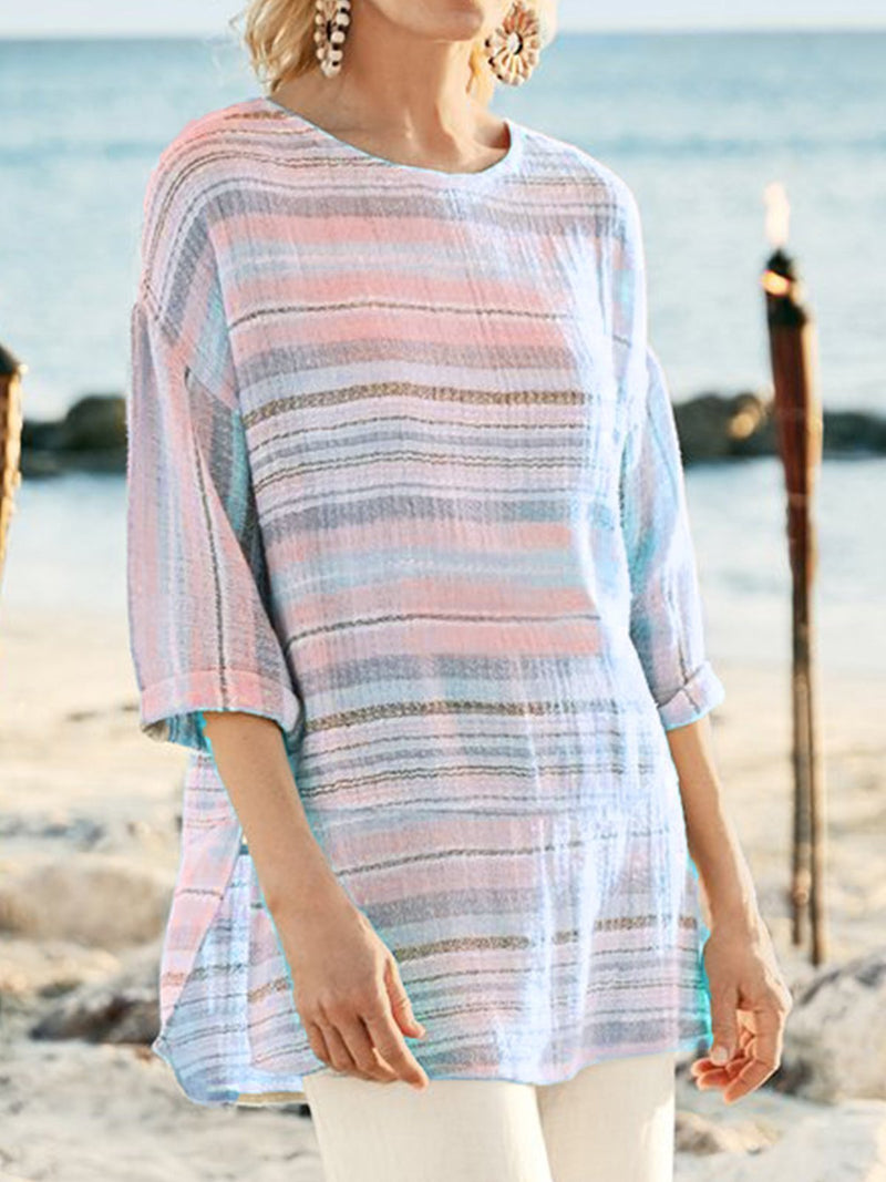 Casual Striped Crew Neck Half Sleeve Blouse