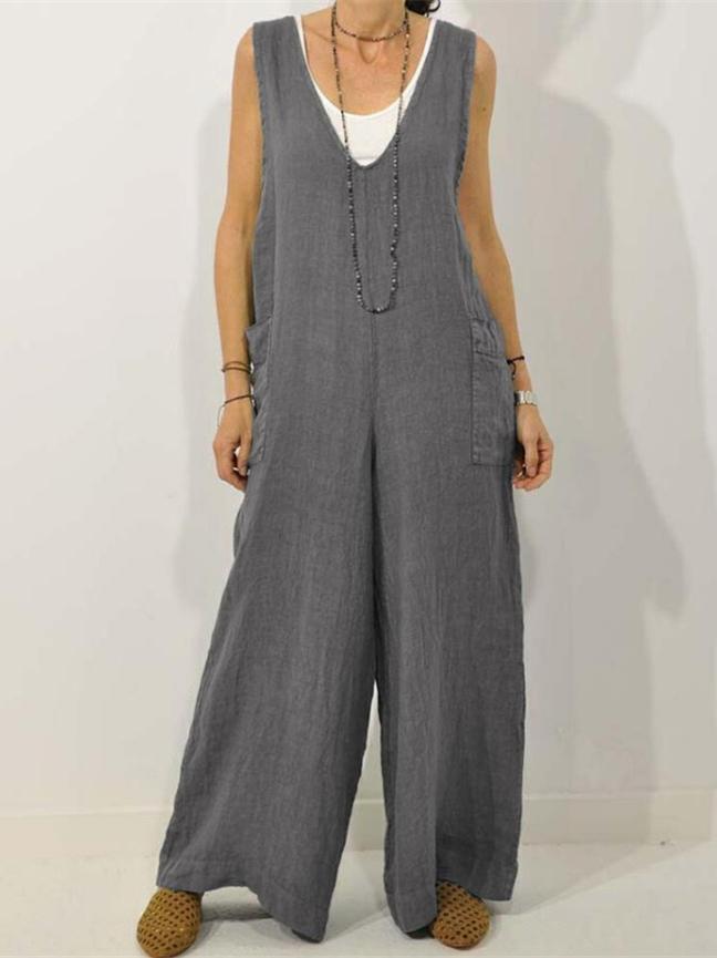 _rmelloser Unifarben Jumpsuit V-Ausschnitt