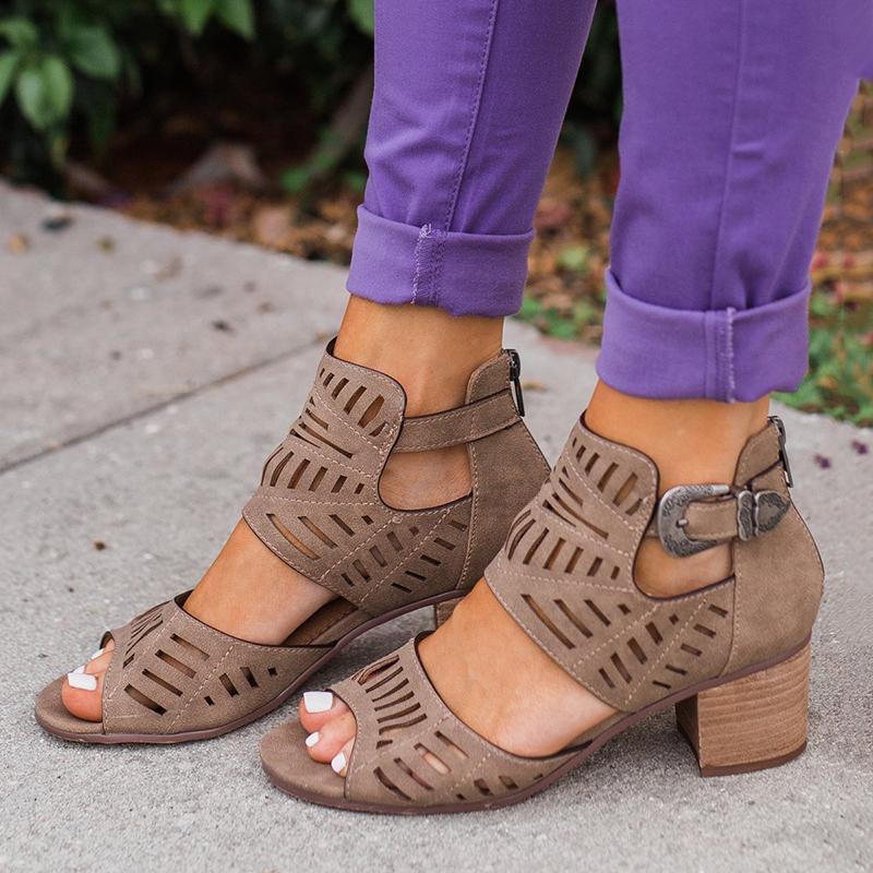 Women Artificial Leather Chunky Heel Adjustable Buckle Sandals Casual Shoes