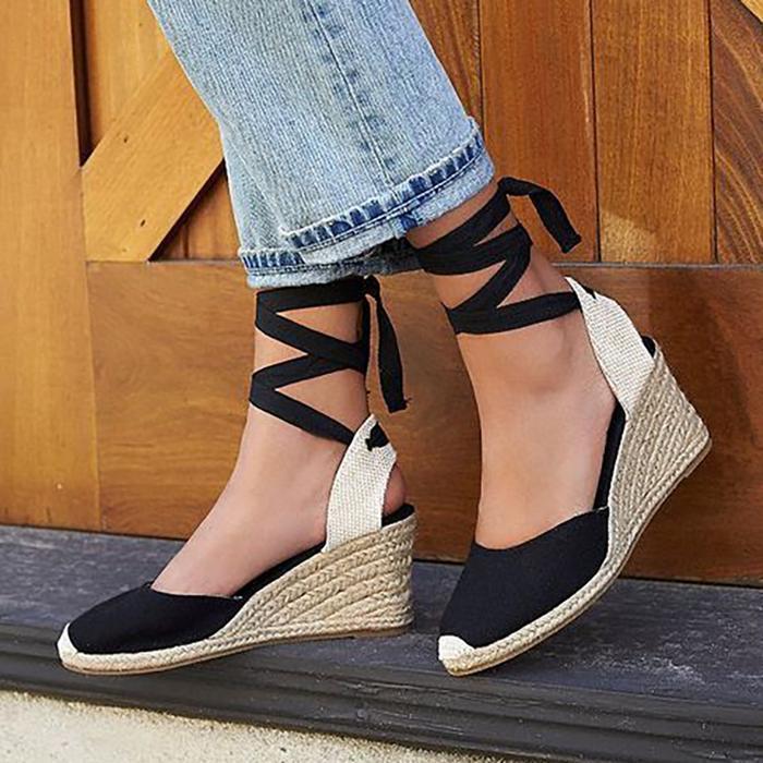 Women Flocking Wedge Sandals Casual Lace Up Shoes