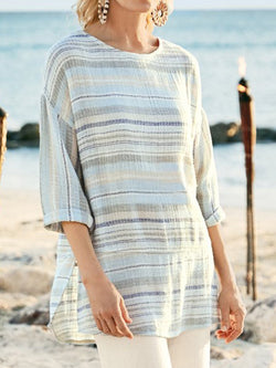 Casual Striped Crew Neck Half Sleeve Blouse