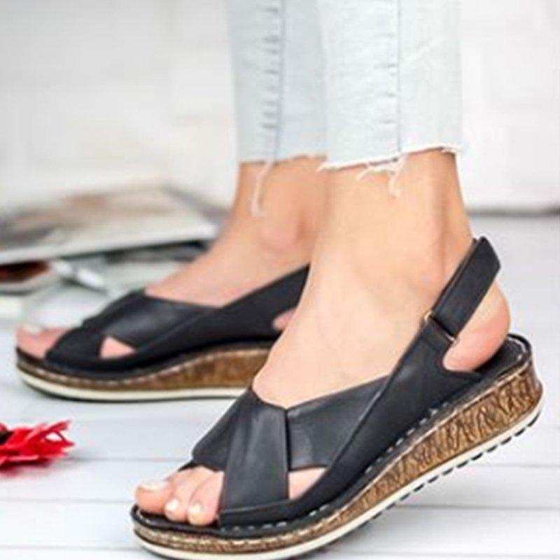 Women Artificial Leather Open Toe Sandals Casual Buckle Wedges