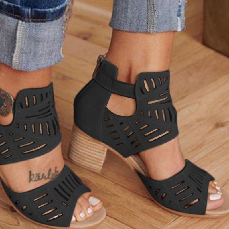 Women Artificial Leather Chunky Heel Adjustable Buckle Sandals Casual Shoes