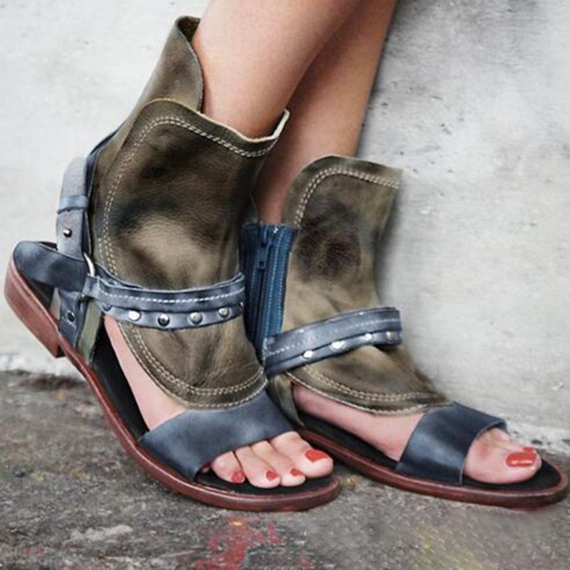 Women Flat Heel PU Zipper Casual Sandals