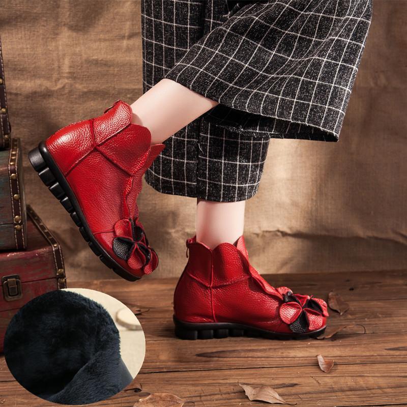 Wo'men Flower Soft Leather Vintage Zipper Flat Ankle Boots