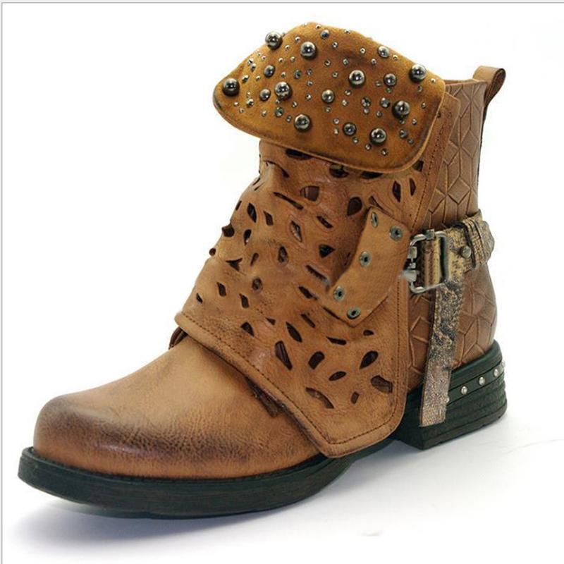 Women Studded Goth Zip Combat Ankle Boots Hollow Carved Tube Buckle Martin Boots