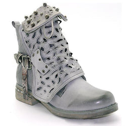 Women Studded Goth Zip Combat Ankle Boots Hollow Carved Tube Buckle Martin Boots