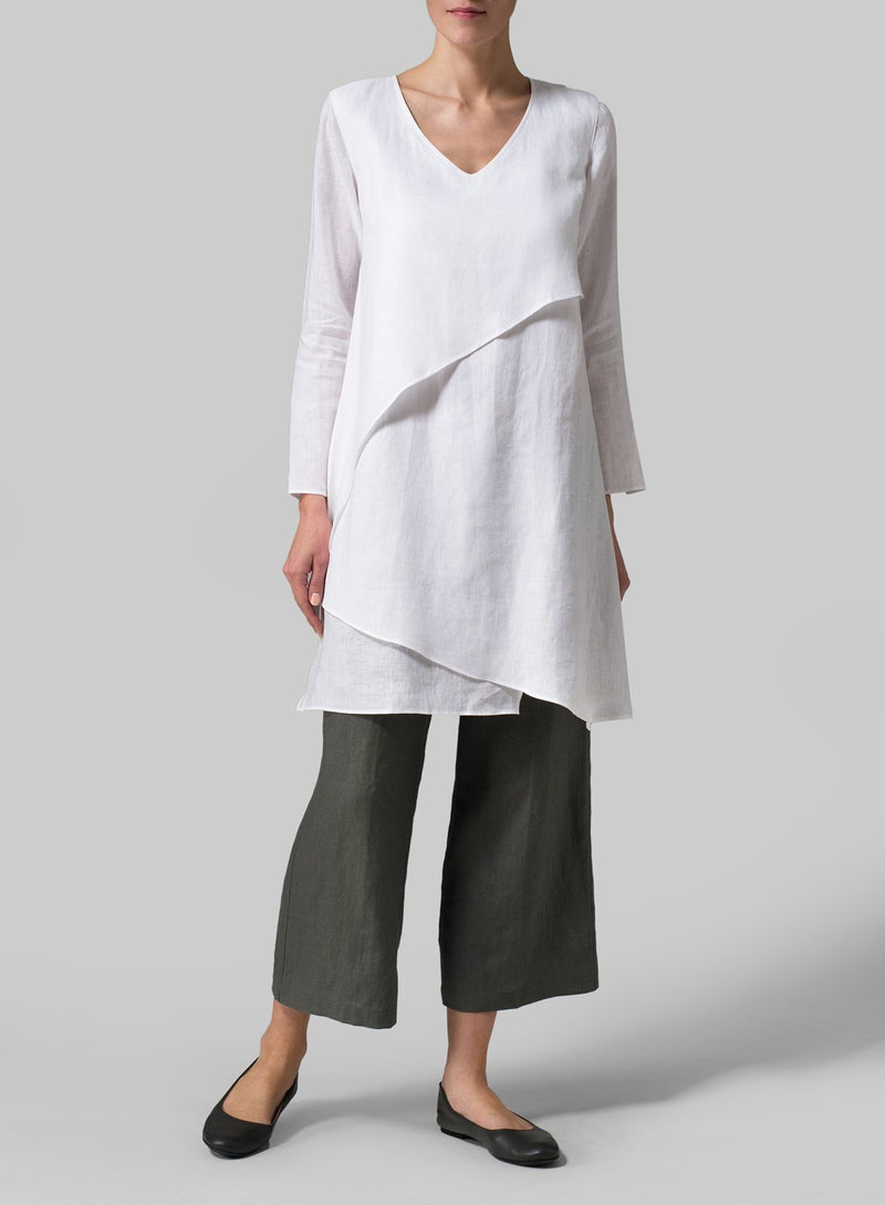 Casual Linen Solid  V neck Long Sleeve Tops