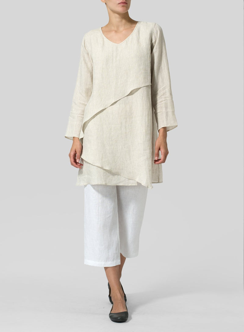 Casual Linen Solid  V neck Long Sleeve Tops